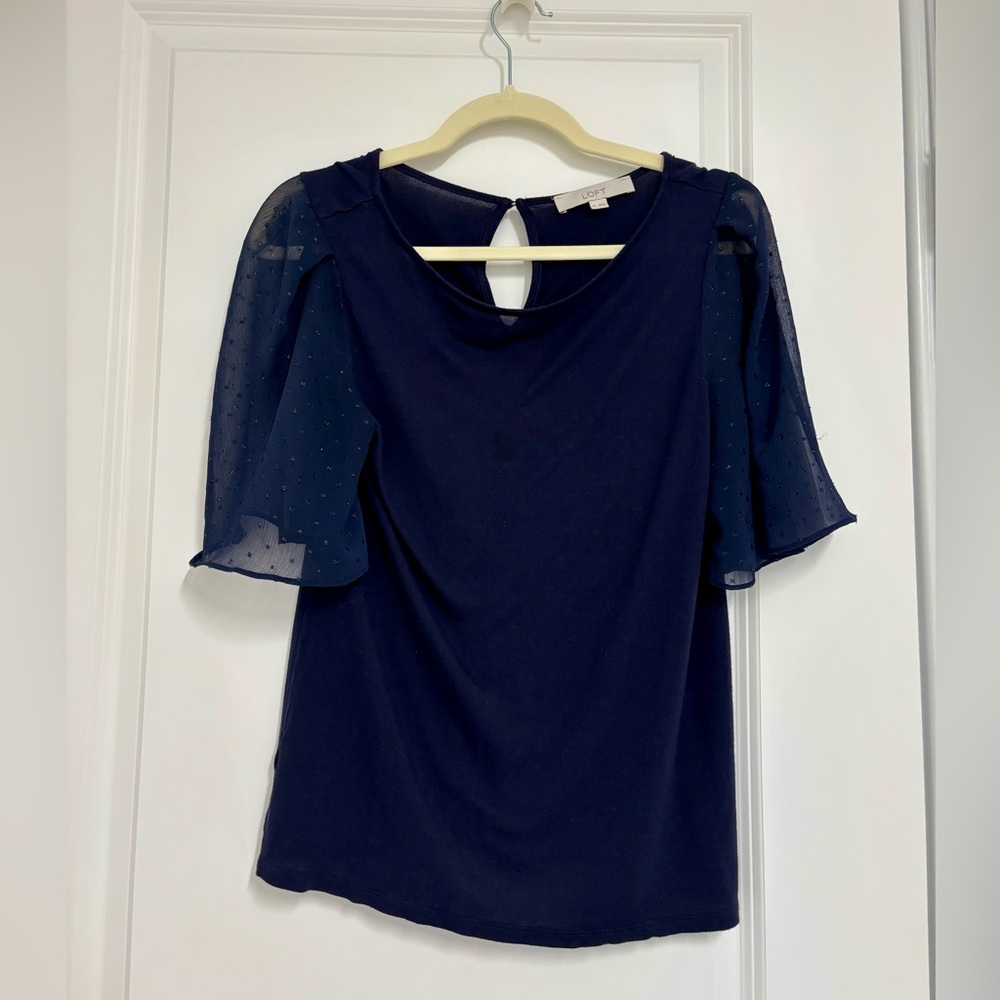 LOFT Midnight Blue Blouse with Sheer Sleeves